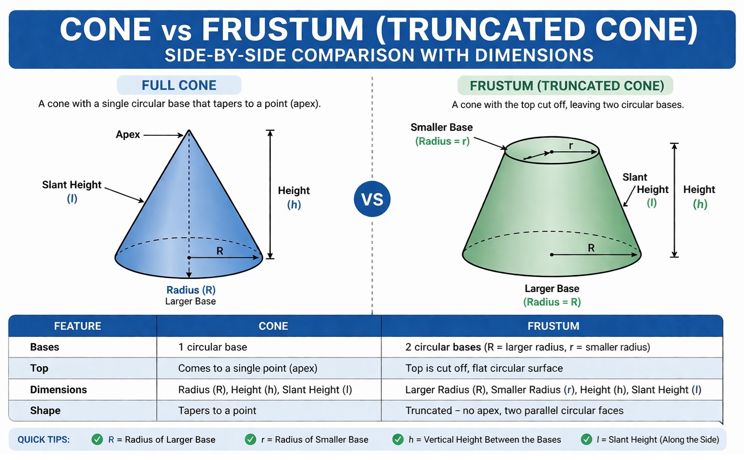 Cone vs frustum comparison infographic (Truncated Cone) side by side
