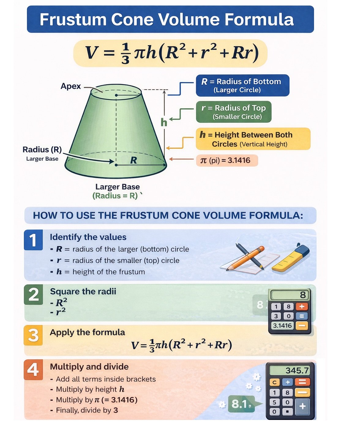 Frustum Cone Volume Formula - step by step calculation