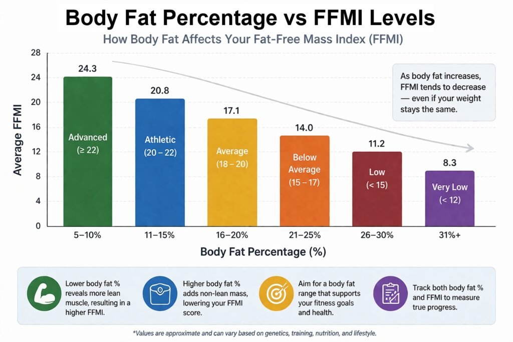 body fat percentage vs FFMI chart showing how higher body fat reduces fat-free mass index and muscle category levels