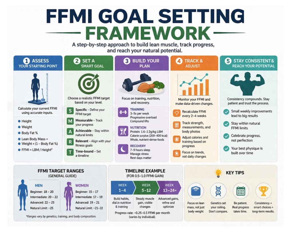 FFMI goal setting framework infographic showing steps to improve muscle mass, track progress, and reach natural fitness potential