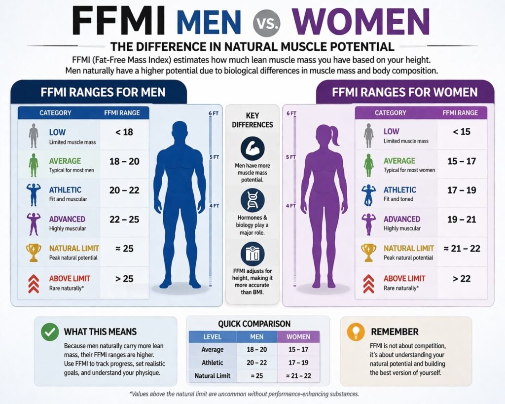 FFMI men vs women chart comparing muscle mass ranges and natural limits for male and female body composition