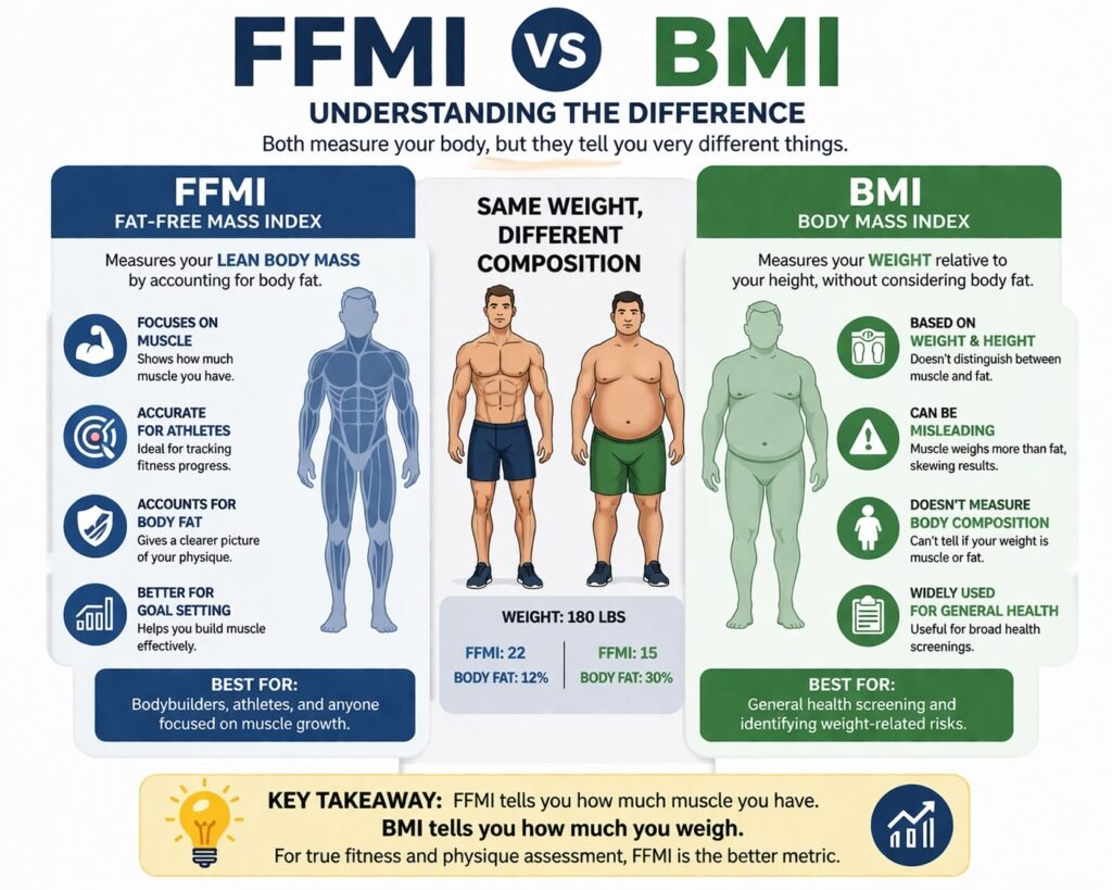 FFMI vs BMI comparison infographic showing muscle mass vs body weight and body composition differences