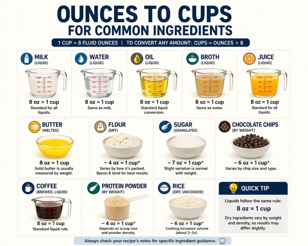 oz to cups conversion chart for common ingredients milk water oil butter flour sugar coffee rice