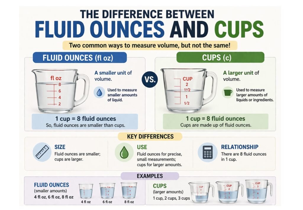 difference between fluid ounces and cups comparison chart with examples and conversion