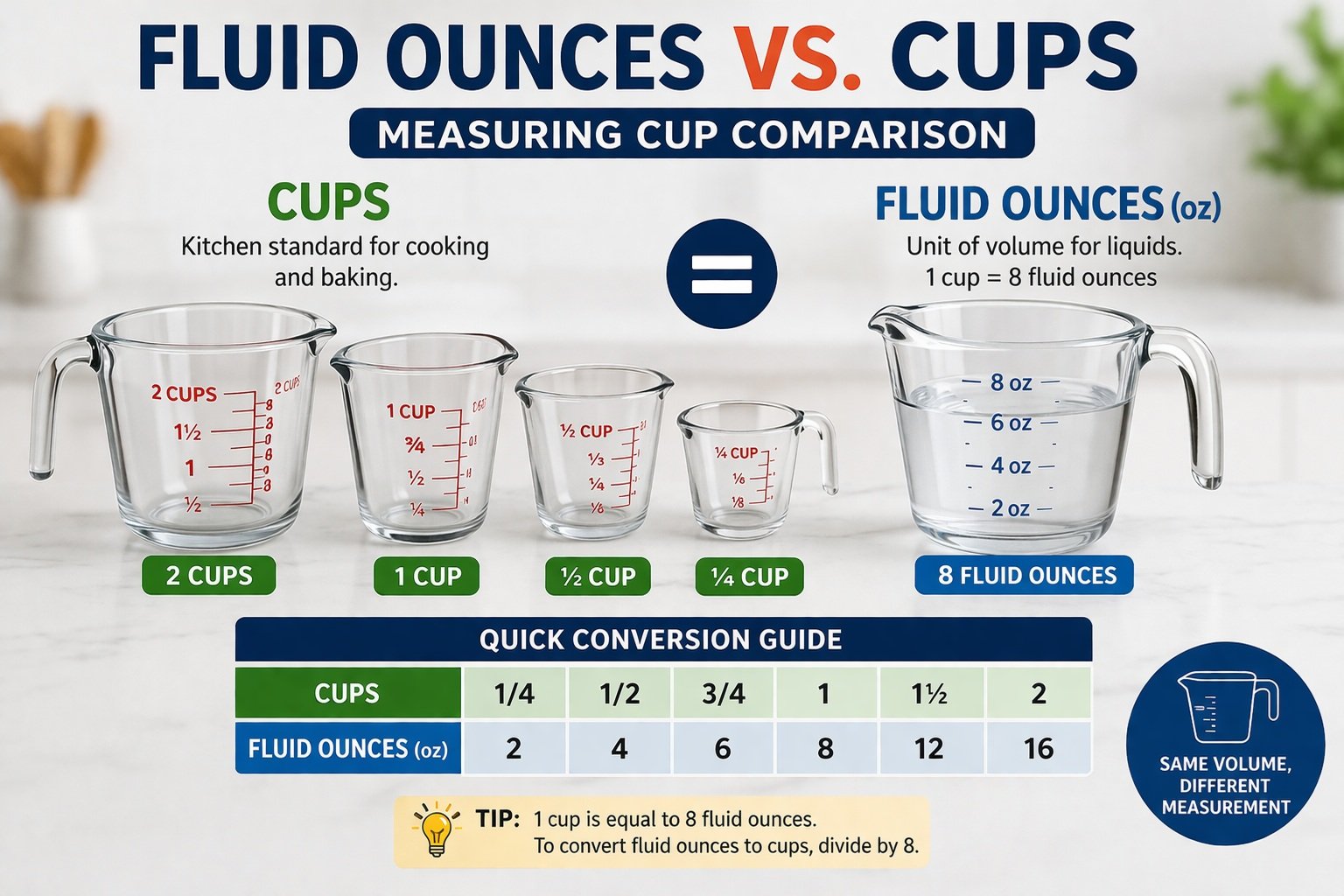 fluid ounces vs cups measuring cup comparison chart with conversion table