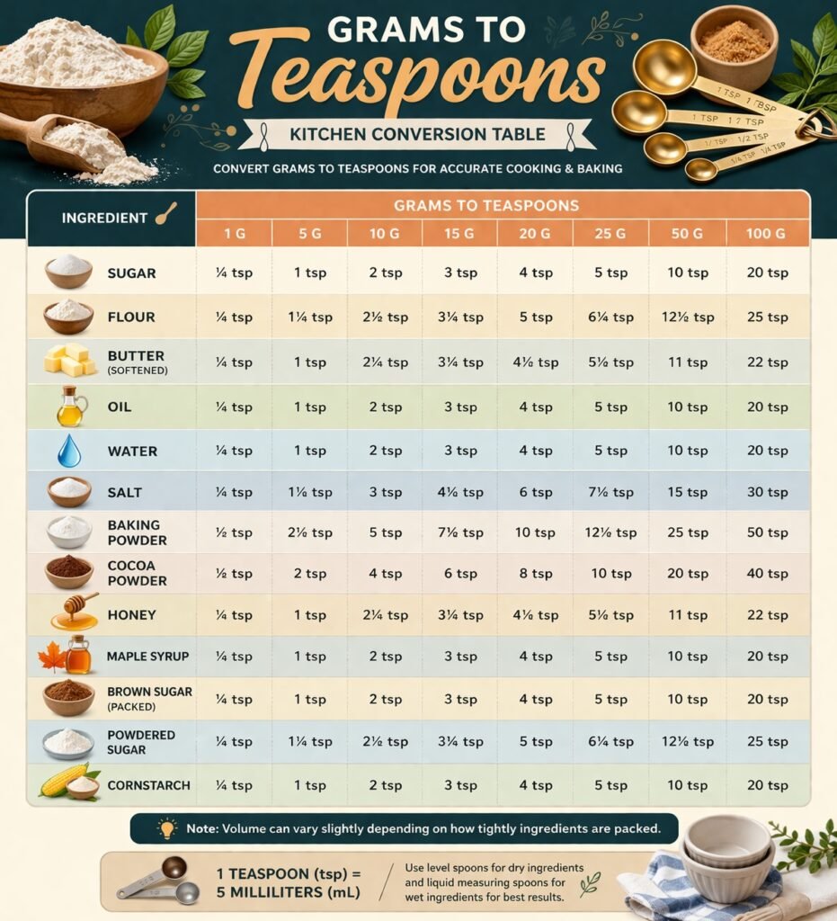 Grams to teaspoons conversion chart showing measurements for sugar, flour, butter, oil, water, honey, and baking ingredients