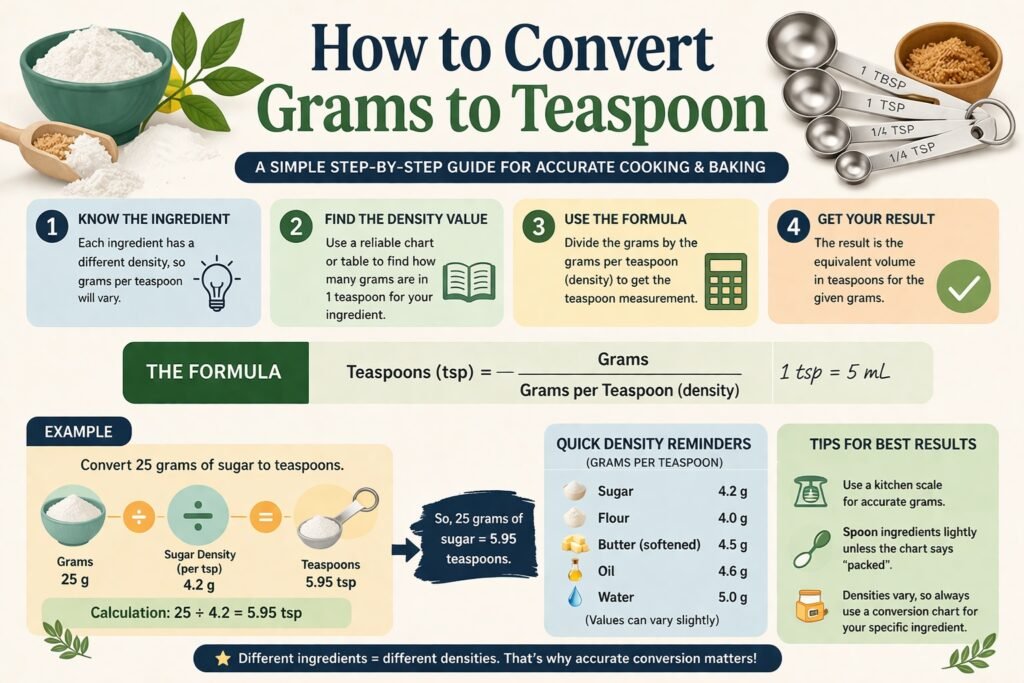 Infographic explaining how to convert grams to teaspoons using a formula, density values, and example calculation for cooking ingredients