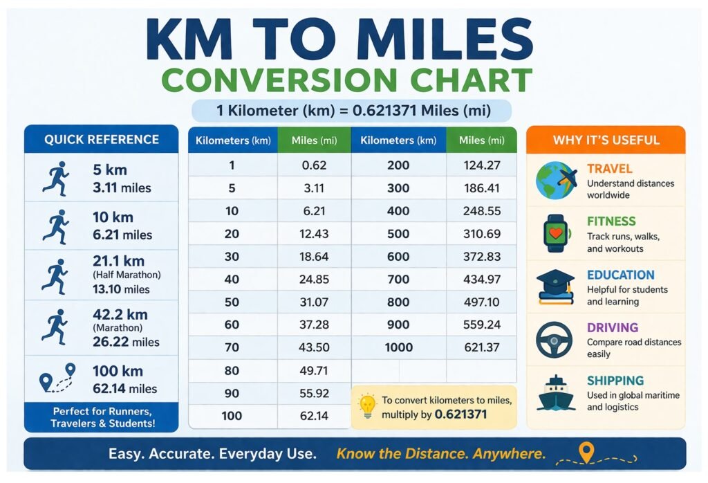Km to miles conversion chart infographic with common running and travel distances
