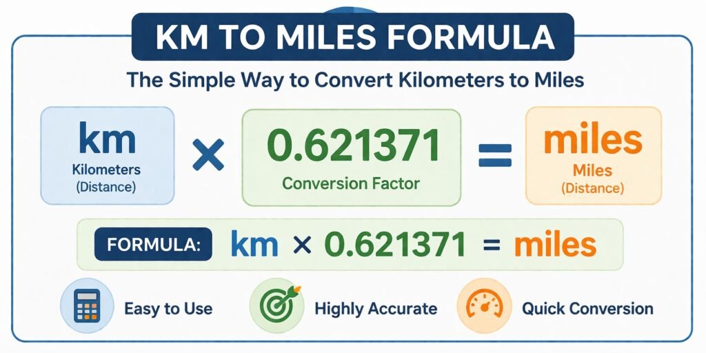 Km to miles formula diagram showing km multiplied by 0.621371 equals miles