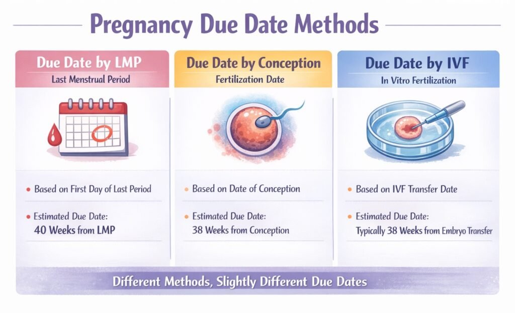 Pregnancy due date methods chart comparing LMP, conception date, and IVF calculation timelines