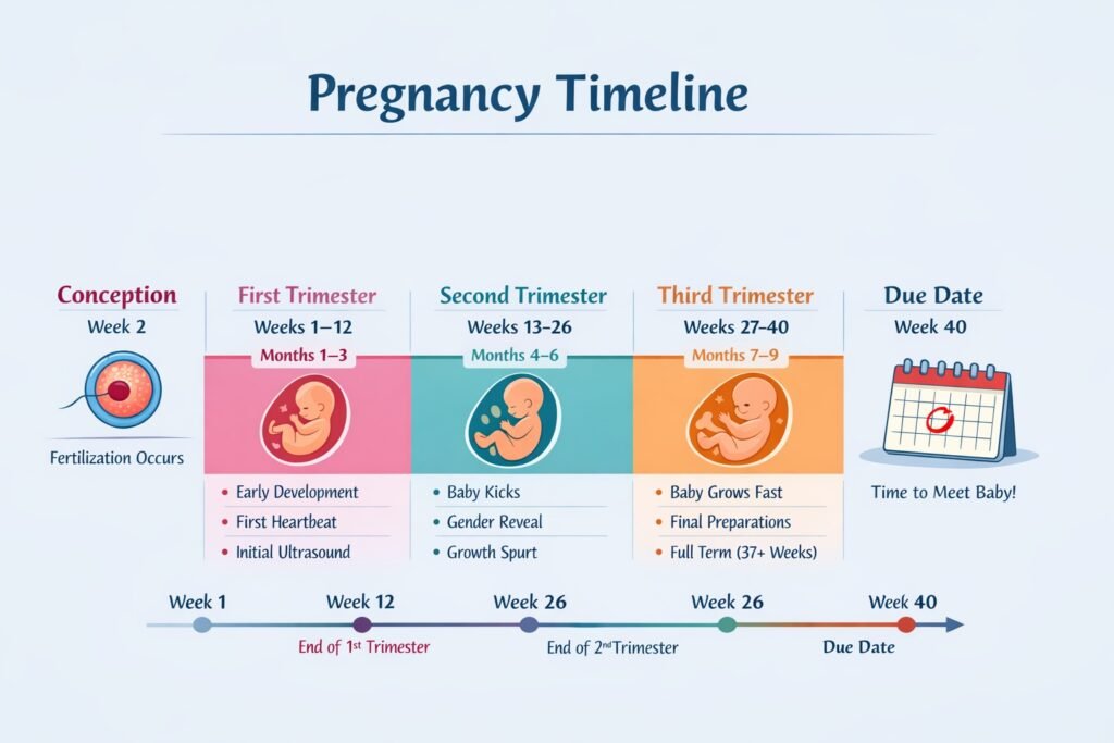 Pregnancy timeline infographic showing trimesters, weeks, months, and fetal development milestones from conception to due date