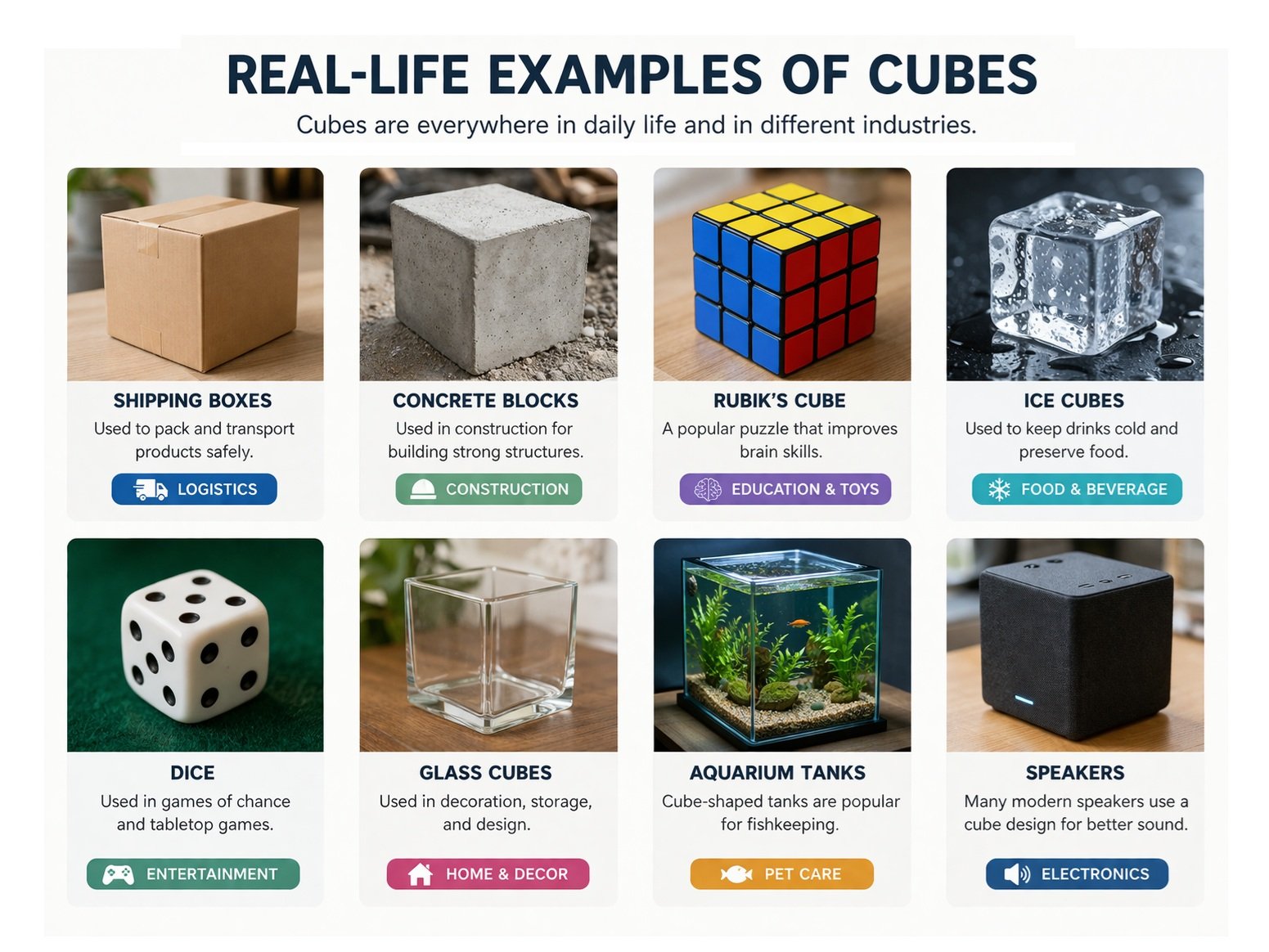 real life examples of cube shapes used in industries like logistics construction food and electronics