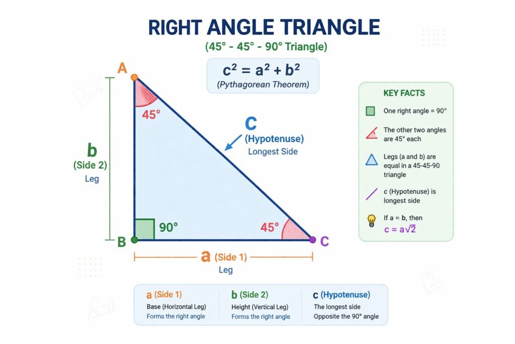 Right triangle diagram showing sides a (side 1), b (side 2), and c (hypotenuse) with 90 degree angle and two 45 degree angles