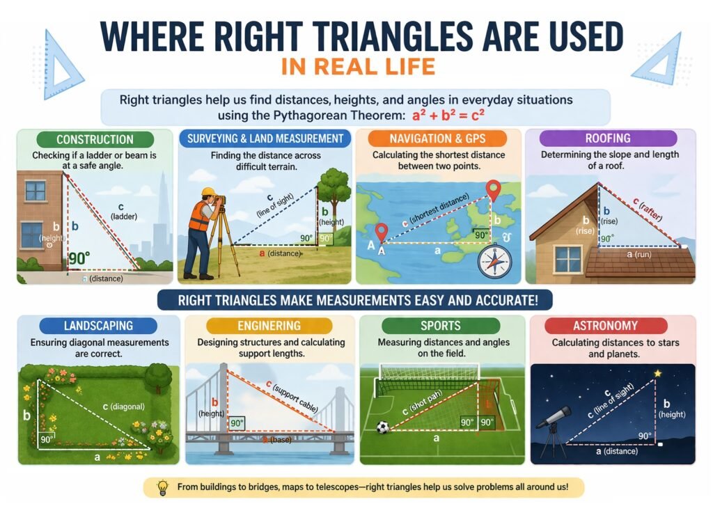 Infographic showing real life uses of right triangle including construction, navigation, roofing, engineering and distance calculation using Pythagorean theorem