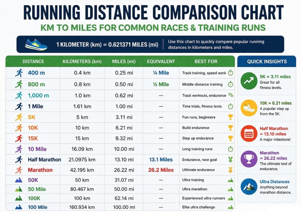 Running distance comparison chart showing km to miles for 5K, 10K, half marathon, marathon and ultra distances