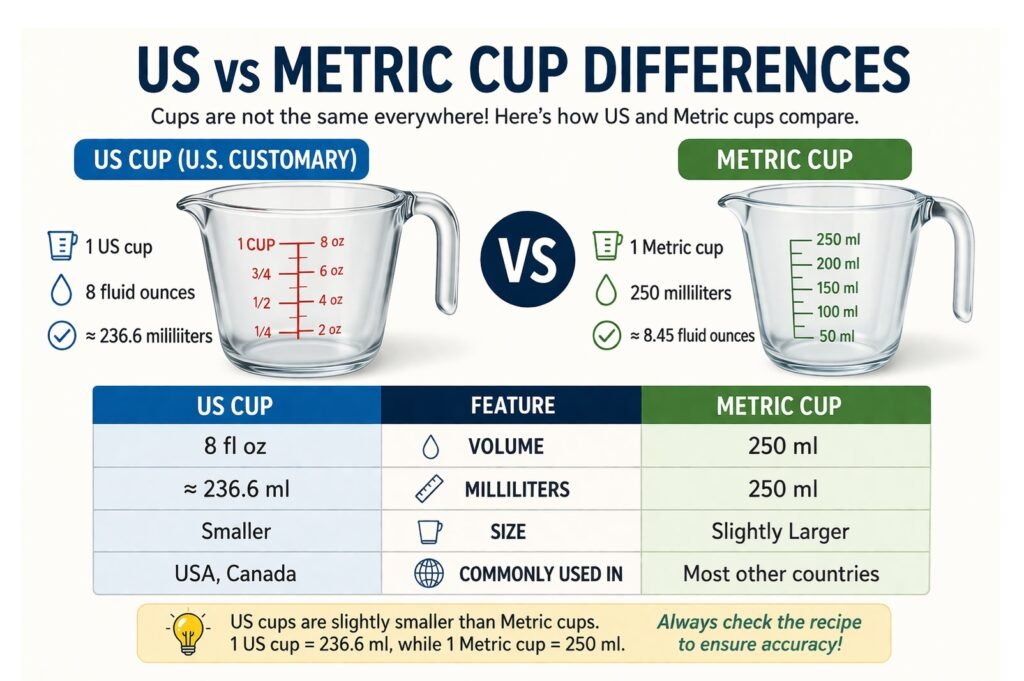 us vs metric cup difference chart showing ml and fluid ounces comparison