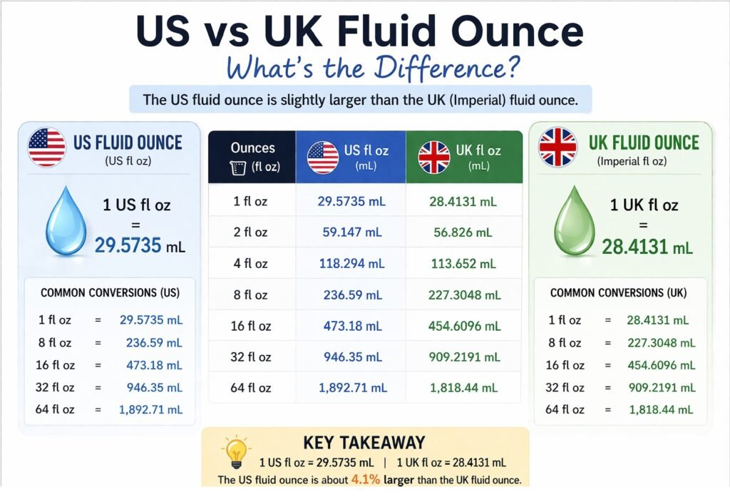 US vs UK fluid ounce to mL conversion chart showing difference between 29.5735 mL and 28.4131 mL with examples like 8 oz and 16 oz