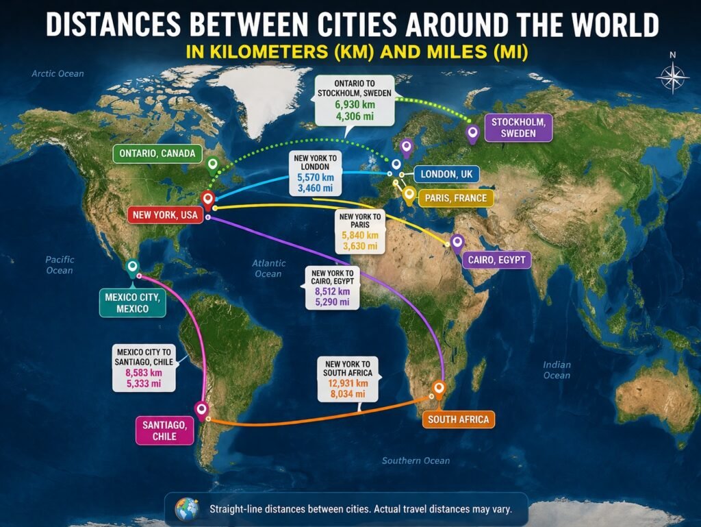 World map showing distances between cities in kilometers and miles including New York to London Paris Cairo South Africa Santiago and Stockholm